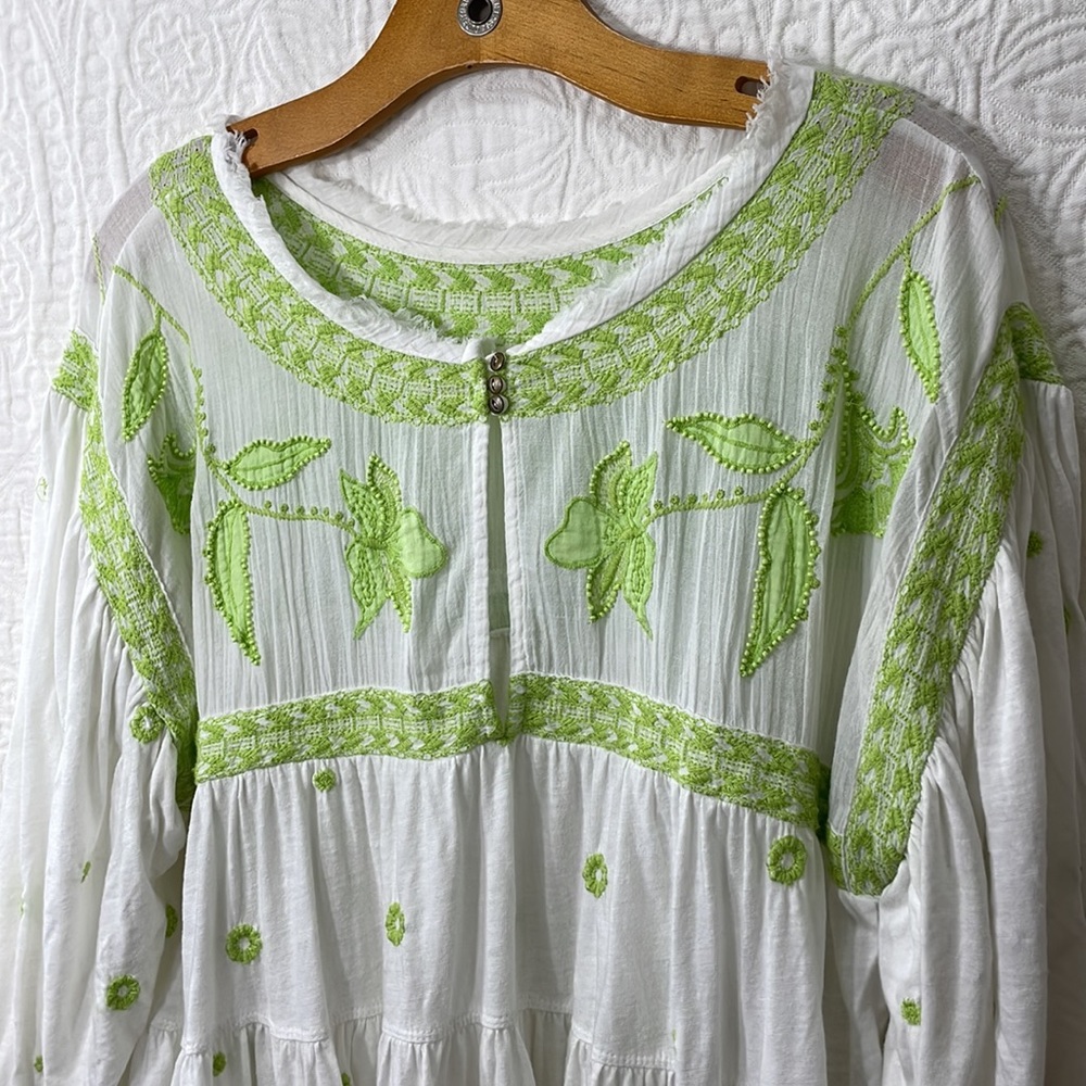Edie style boho tunic, white w lime green floral motif, embroidery, beeds